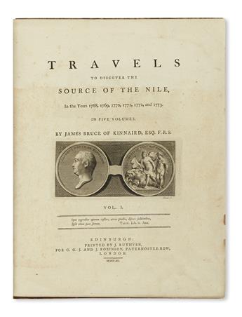 BRUCE, JAMES. Travels to Discover the Source of the Nile, in the Years 1768, 1769, 1770, 1771, 1772, and 1773.  5 vols.  1790